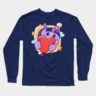 cute facial expression illustration of a little unicorn holding a red balloon Long Sleeve T-Shirt